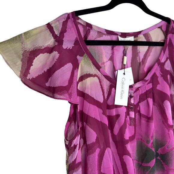 Calvin Klein Pink Purple Abstract Print Blouse Size XL Flutter Sleeves Tie‎ Side - Picture 5 of 7